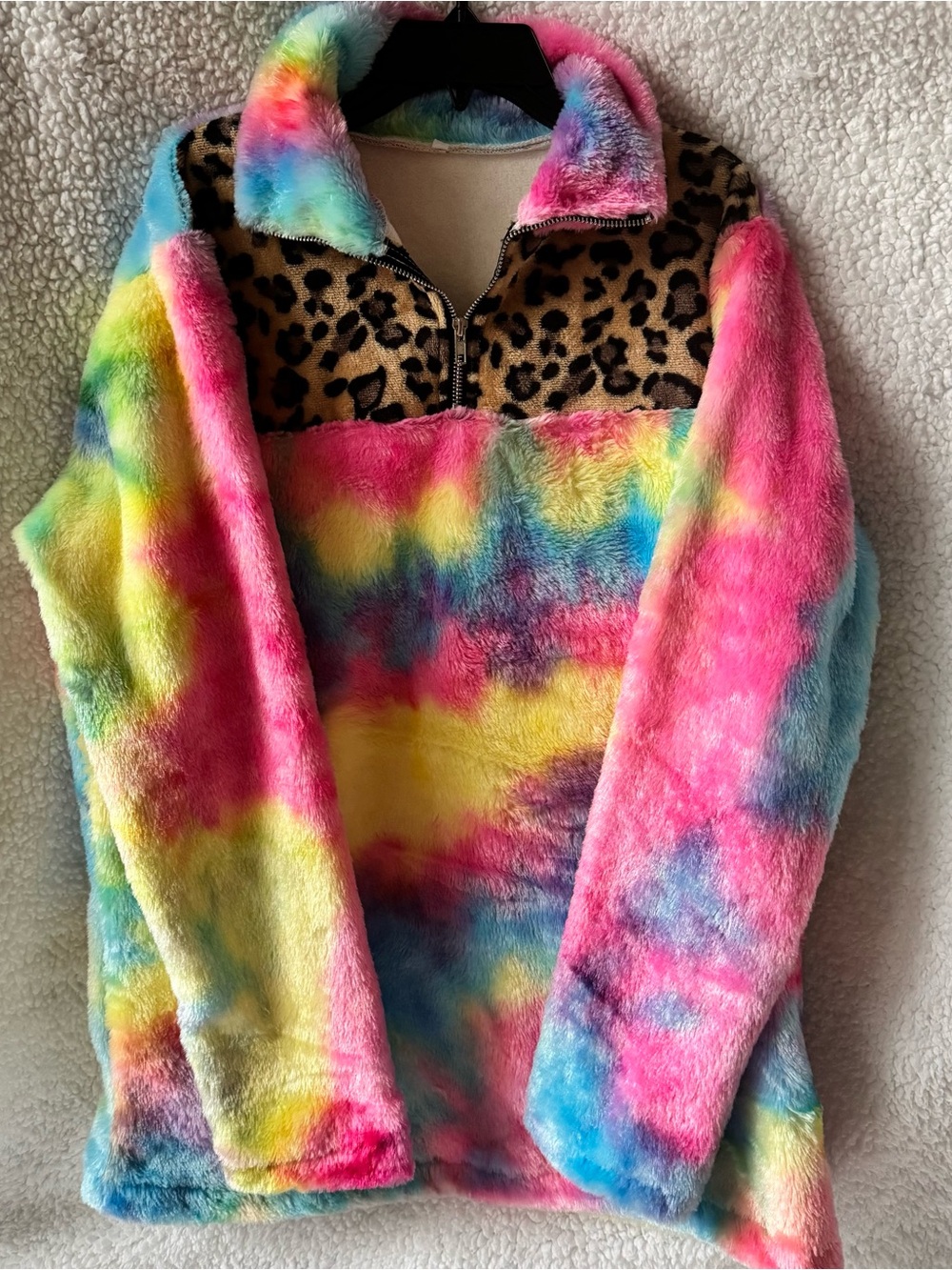 Cheetah Leopard rainbow multi Print Sweatshirt Tie Dye fuzzy Quarter Zip L/XL